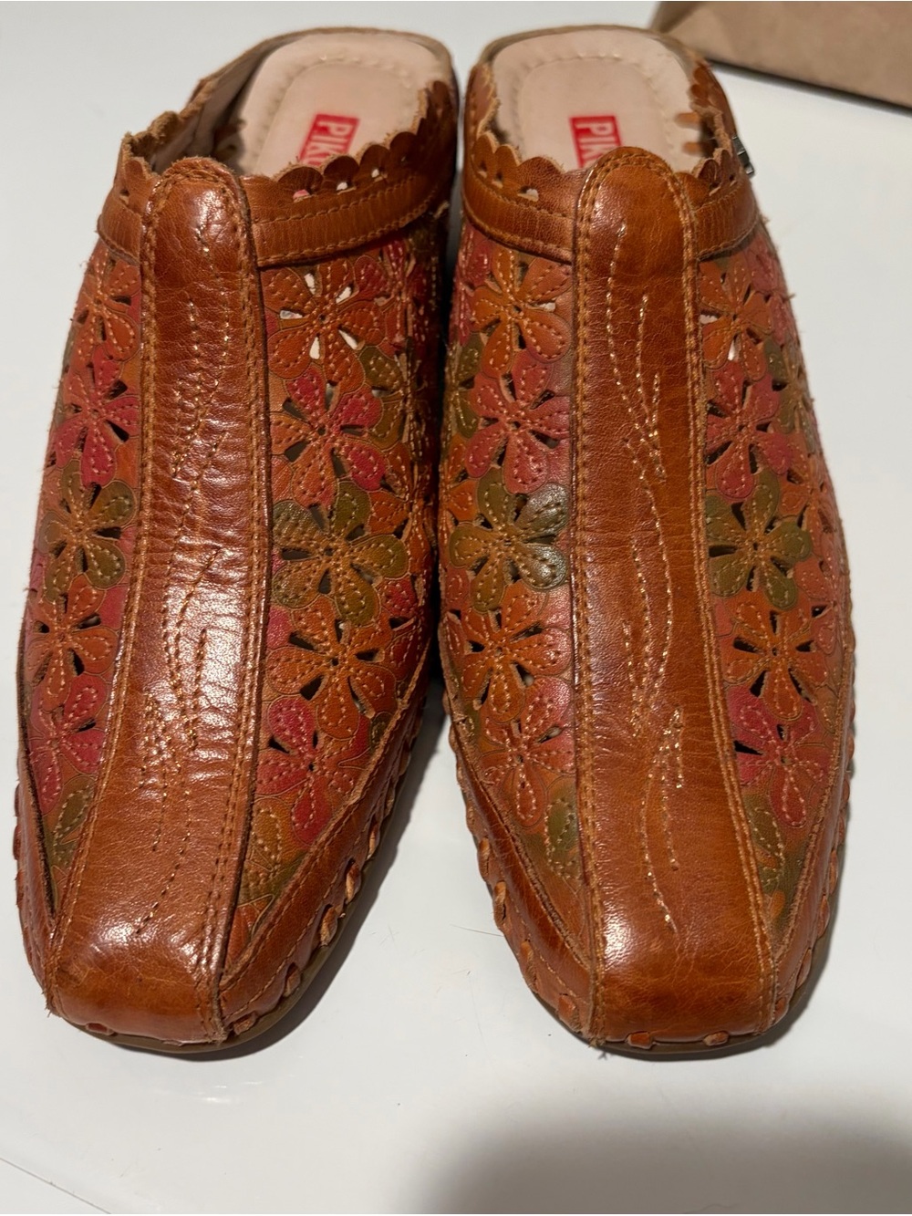PIKOLINOS Brown Leather Slip-On Floral Cutout Mules with Red and Olive Accents